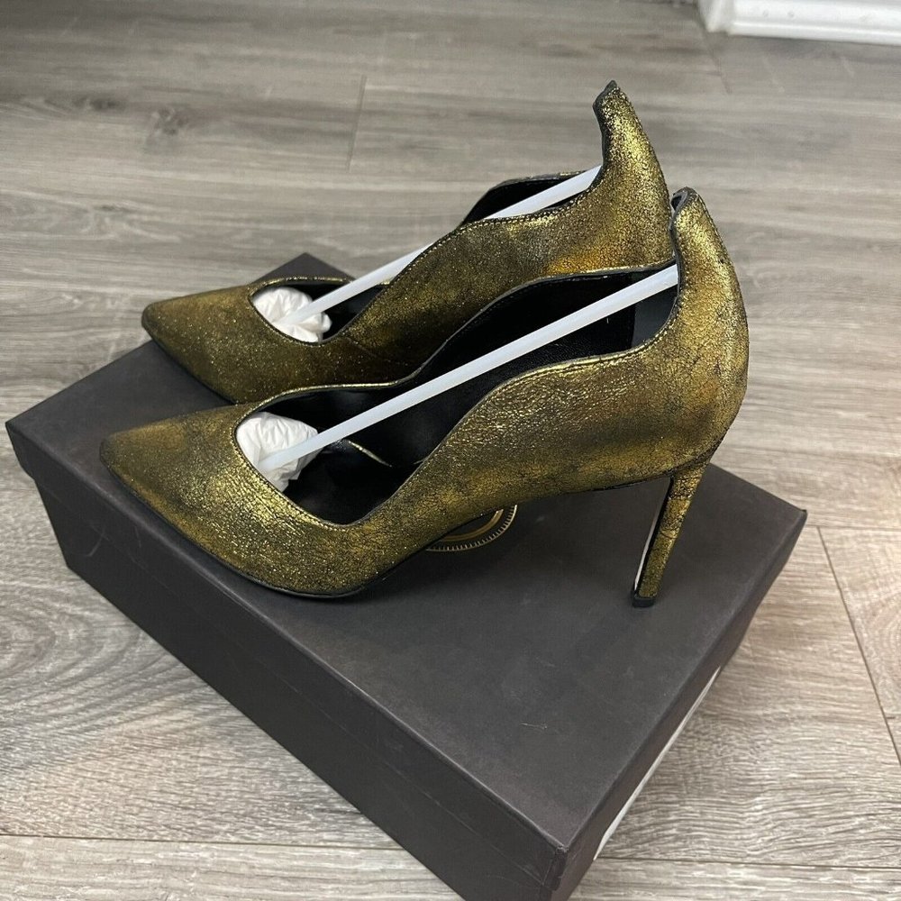 NIB Delman New York Brie Leather Crackled Pumps Gold Heels Made In Italy Sz 7.5